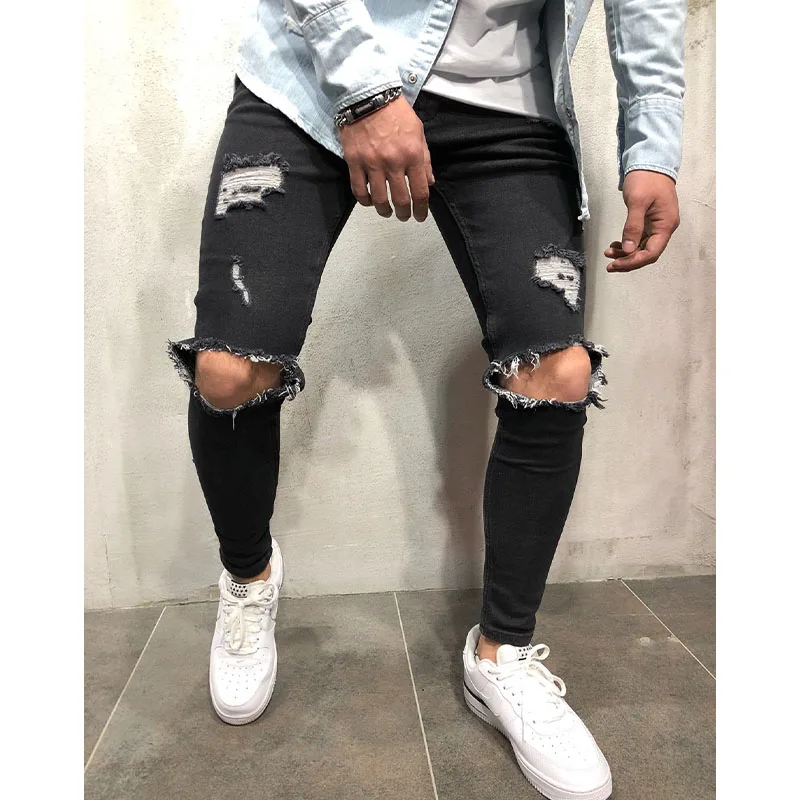Jeans Men Distressed Snow Wash Paint Dot Design Pencil Pants Mens Fashion Slim Jean Knee Holes Hip-hop Denim Streetwear Trousers