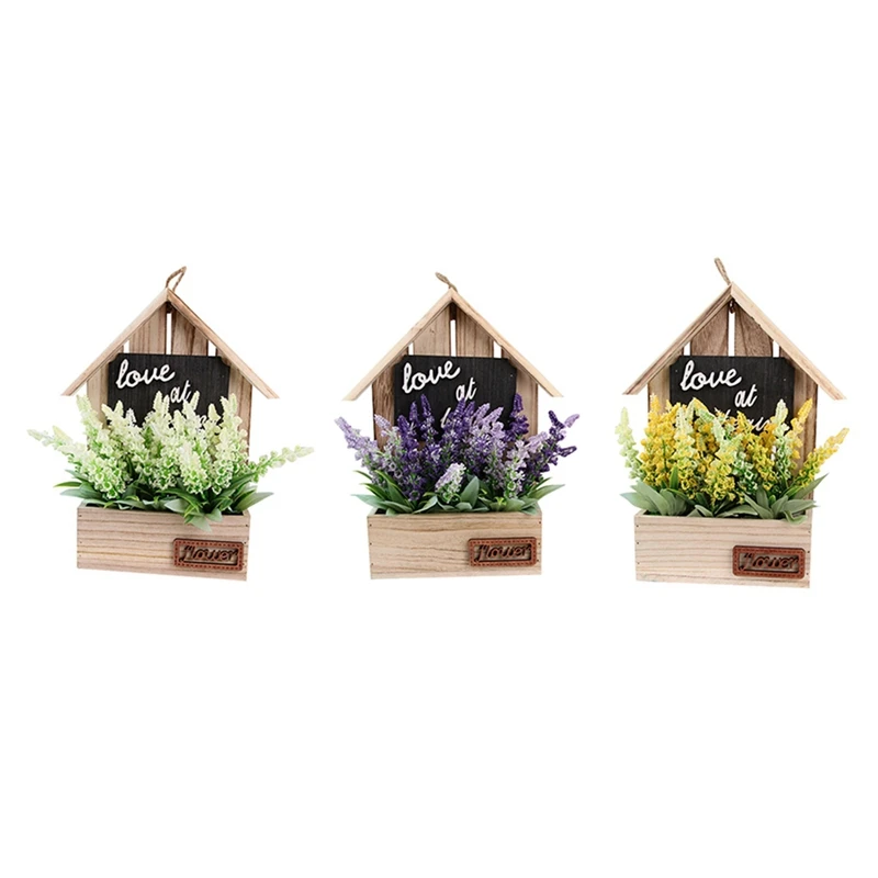 Rustic Wall Mounted Wooden House With Fake-Flower Succulent Plants Bonsai Holder Display Shelf Home Decor