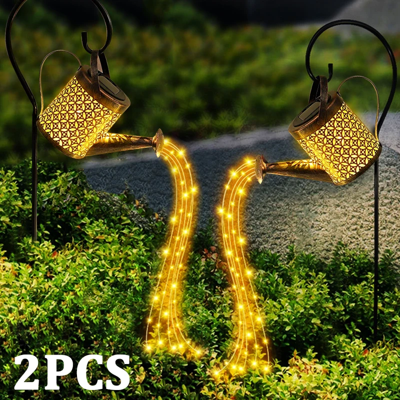 Outdoor Garden LED Solar Powered Hollow Out Can Sprinkles Fairy Lights Waterproof Metal Watering Can Landscape Decor Lights