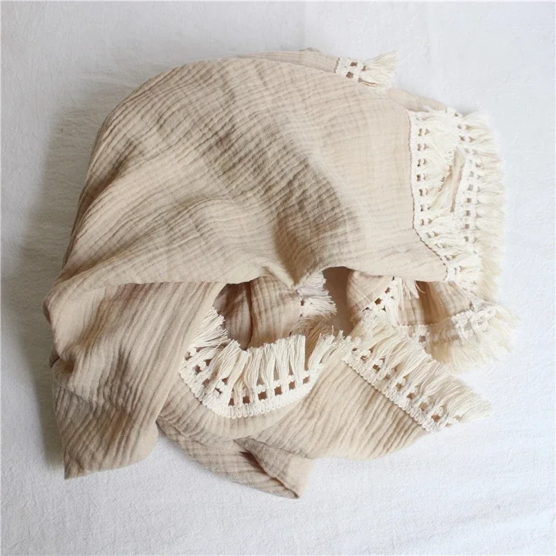 Newborn Baby Tassel Receiving Blanket  Muslin Cotton Baby Blankets Infant Fringe Swaddle Blanket Babies Sleeping Quilt Bed Cover 6