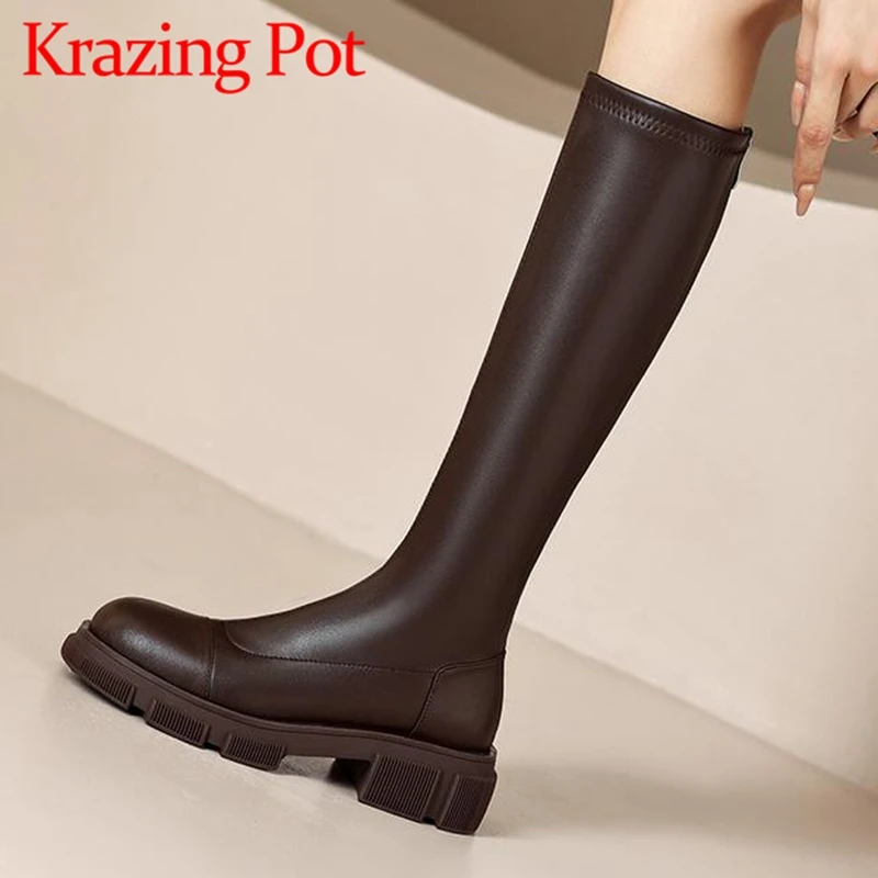 

Krazing Pot Cow Leather Round Toe Med Heels Riding Long Boots Platform Concise Style Winter Shoes Stovepipe Zip Thigh High Boots
