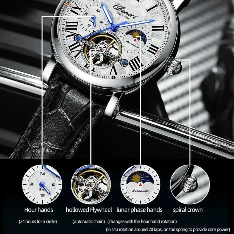 Business Fashion Men Automatic Mechanical Watch Hollow Skeleton Dial Leather Strap Waterproof Luxury Reloj Hombre Present - 6
