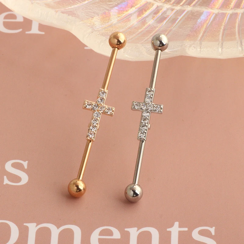 Long Industrial Barbell Rings Piercing Ear Stud CZ Zircon Cartilage Tragus Earrings 14 Barbell Jewelry tragus earrings
