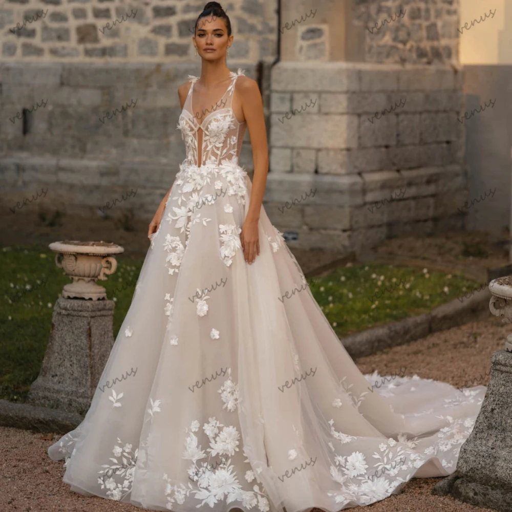 

Gorgeous Wedding Dresses A-Line Tulle Tiered Bridal Gowns Lace Appliques Sleeveless V-Neck Robe For Bride Vestidos De Novia 2024