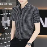 Business Casual Men Shirts Summer New Lapel Ice Silk Wave Printing Button Streetwear Fashion Office Social Short Sleeve Tops 1