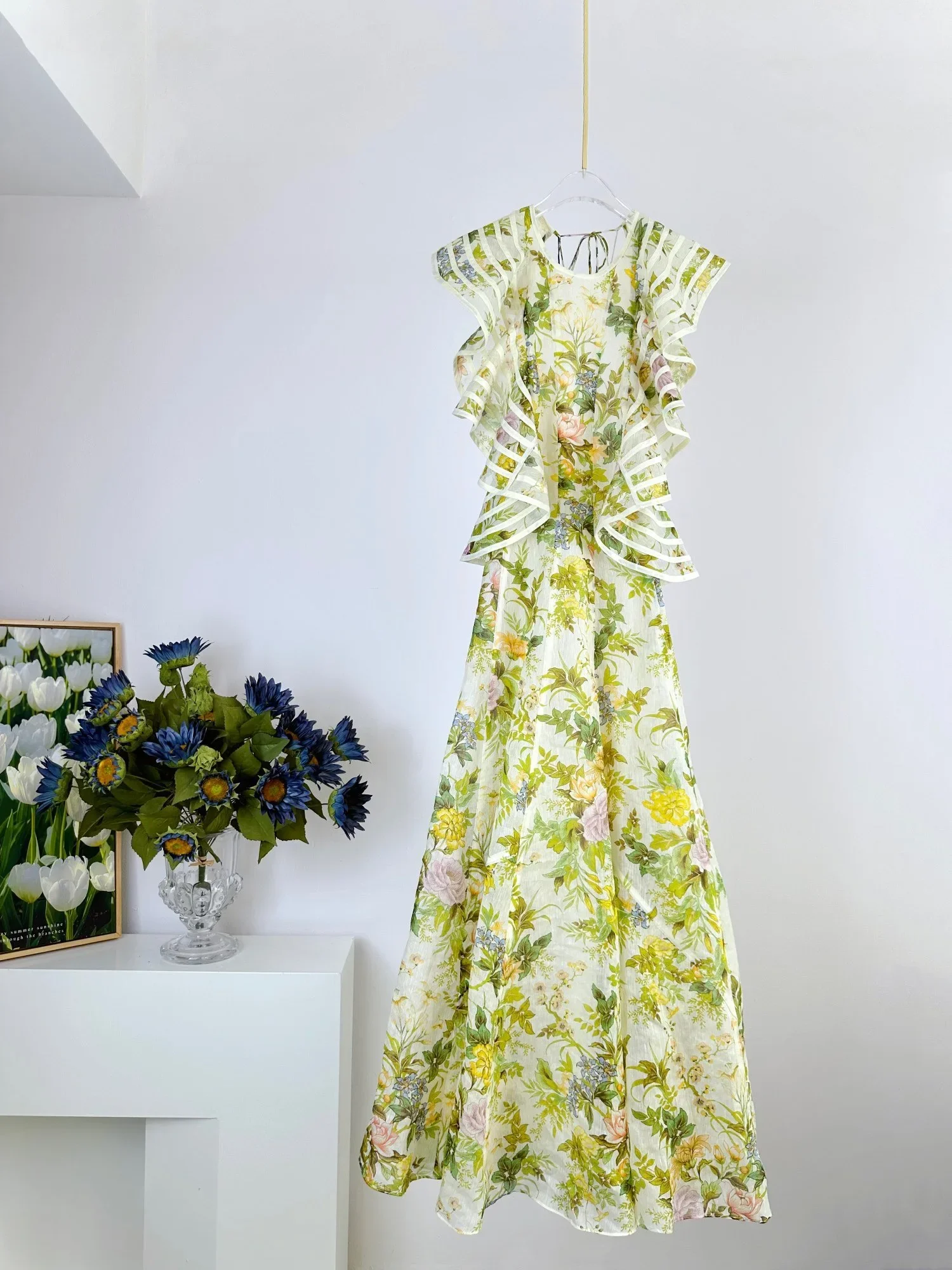 

Women Silk Linen Ruffles Sleeve Backless Flower Print Midi Dress