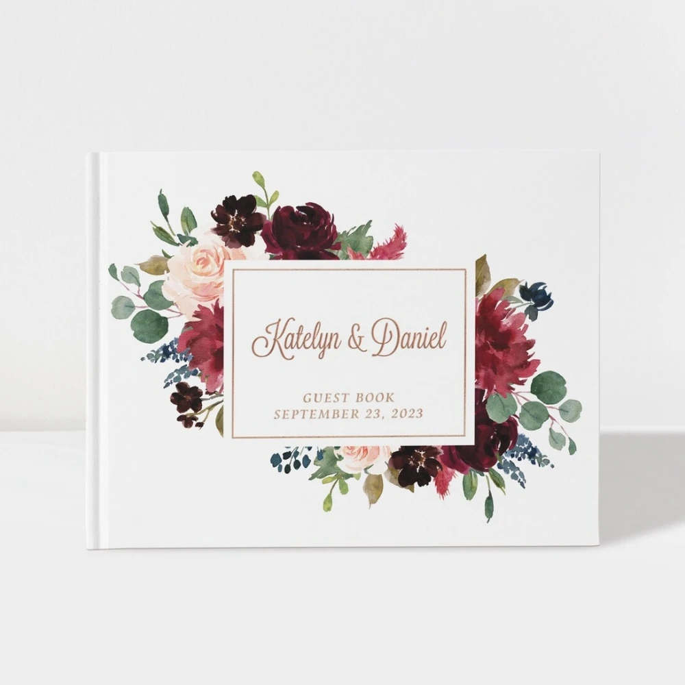 

Personalized Wedding Guest Book | Watercolor Floral | Maroon and Rose Gold | 50 Sheets of Paper | Design: A026