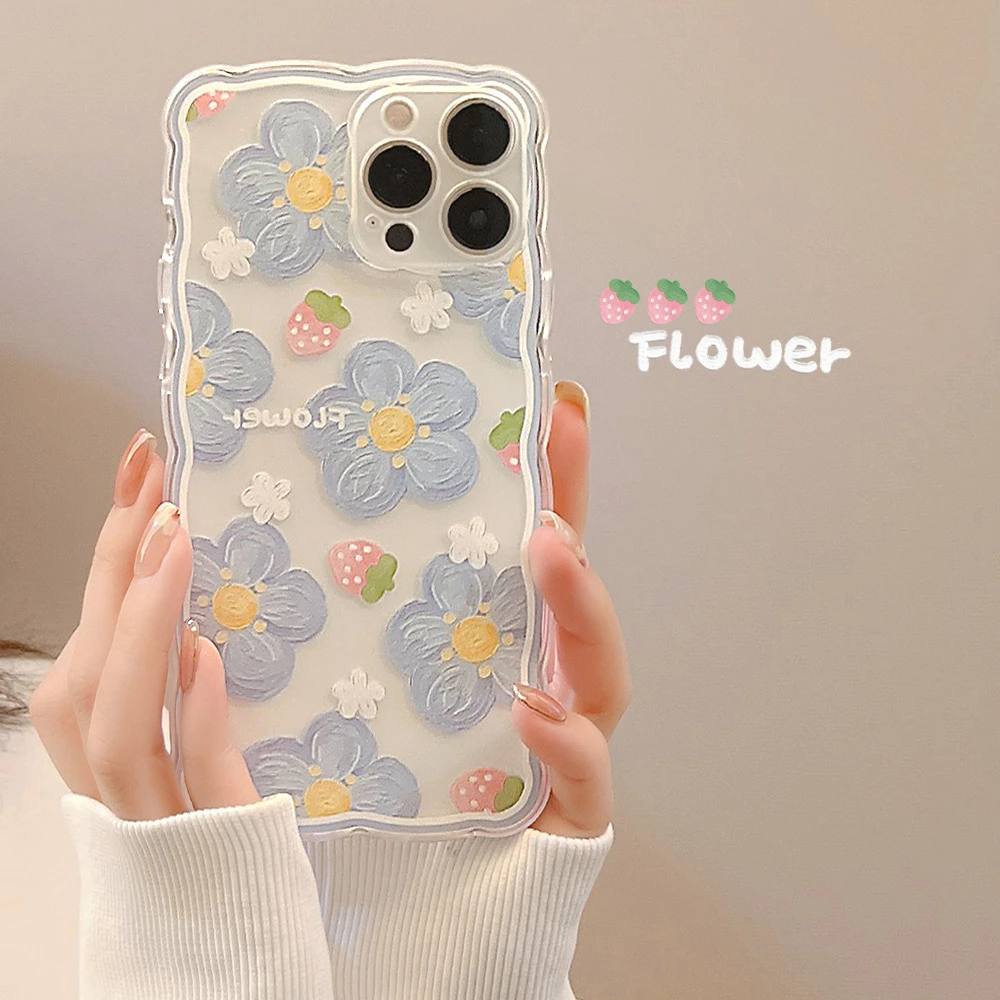 Clear Phone Case For iPhone Se3 13 12 Mini 11 Pro Xs Max X Xr 7 8 Plus Se2 Strawberry Flower Wavy Edge Shockproof Cover Fundas iphone 13 pro max case leather