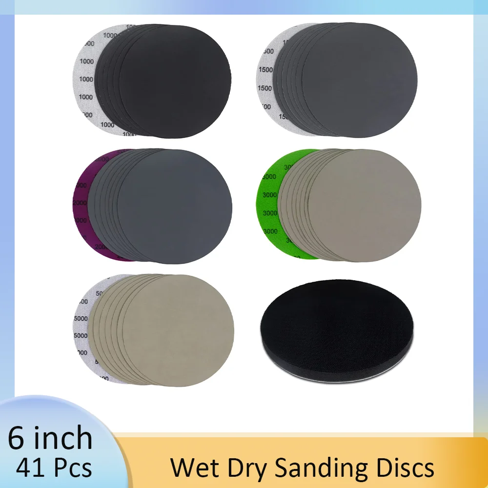 Wet Dry Sanding Discs 41 Pcs sanding discs sandpaper set polish sand paper 6 Inch (150mm）Assorted Grit with Interface Pad High Performance Waterproof Hook & Loop Sandpaper