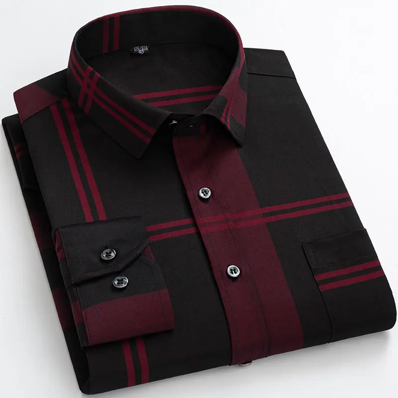Plus Size 6XL Long Sleeve Men&lsquo;s Printed Plaid Stretchy Casual Shirts Large Regular Fit Elegant Social Work Business Dress Shirt