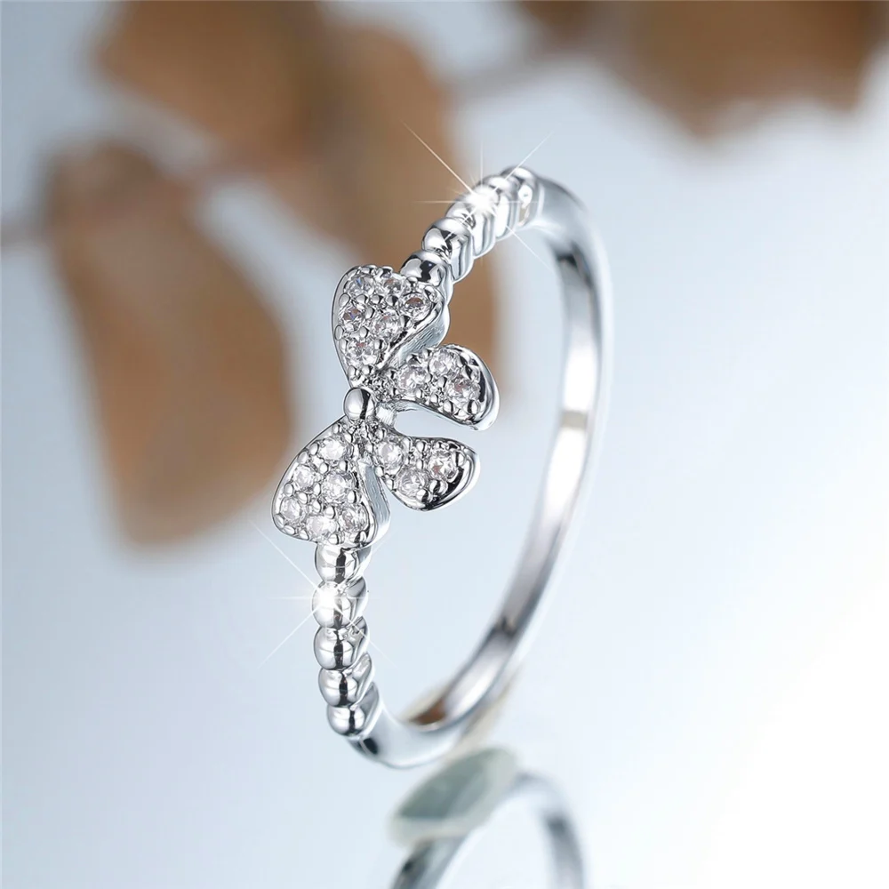 Trendy Crystal White Zircon Stone Vintage Silver Color Wedding Bands Cute Bowknot Rings For Women Men Minimalist Jewelry