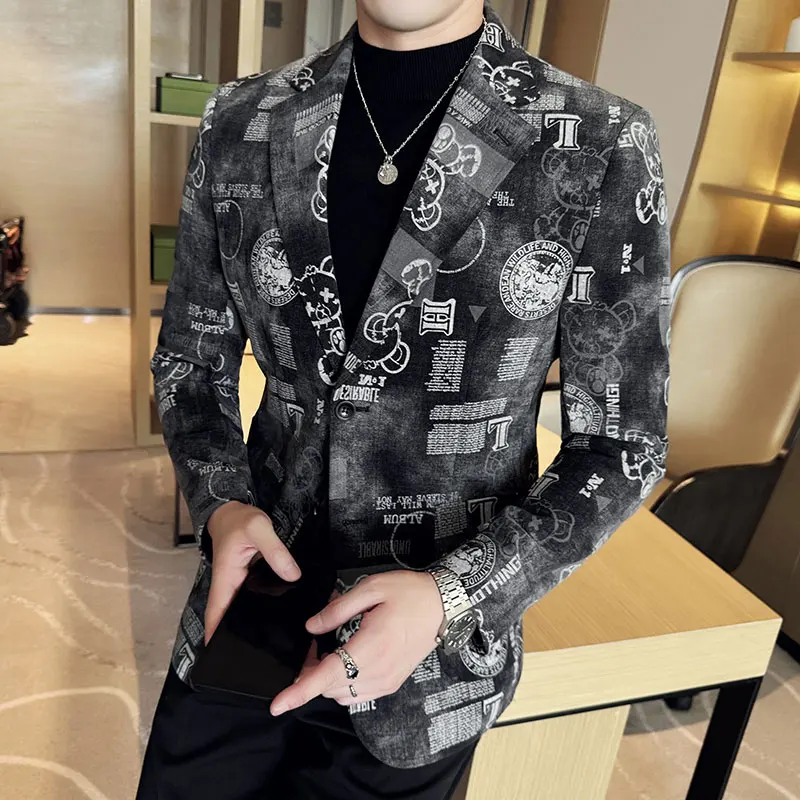 Autumn Winter Jacquard Denim Suit Jacket for Men Fashion Business Casual Blazers Streetwear Social Men Clothing