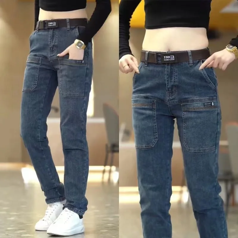 2024 New Brand Mens Casual Multiple Pockets Jeans Mid-Waist Elastic Straight Denim Trousers Versatile Loose Personality Pants 5