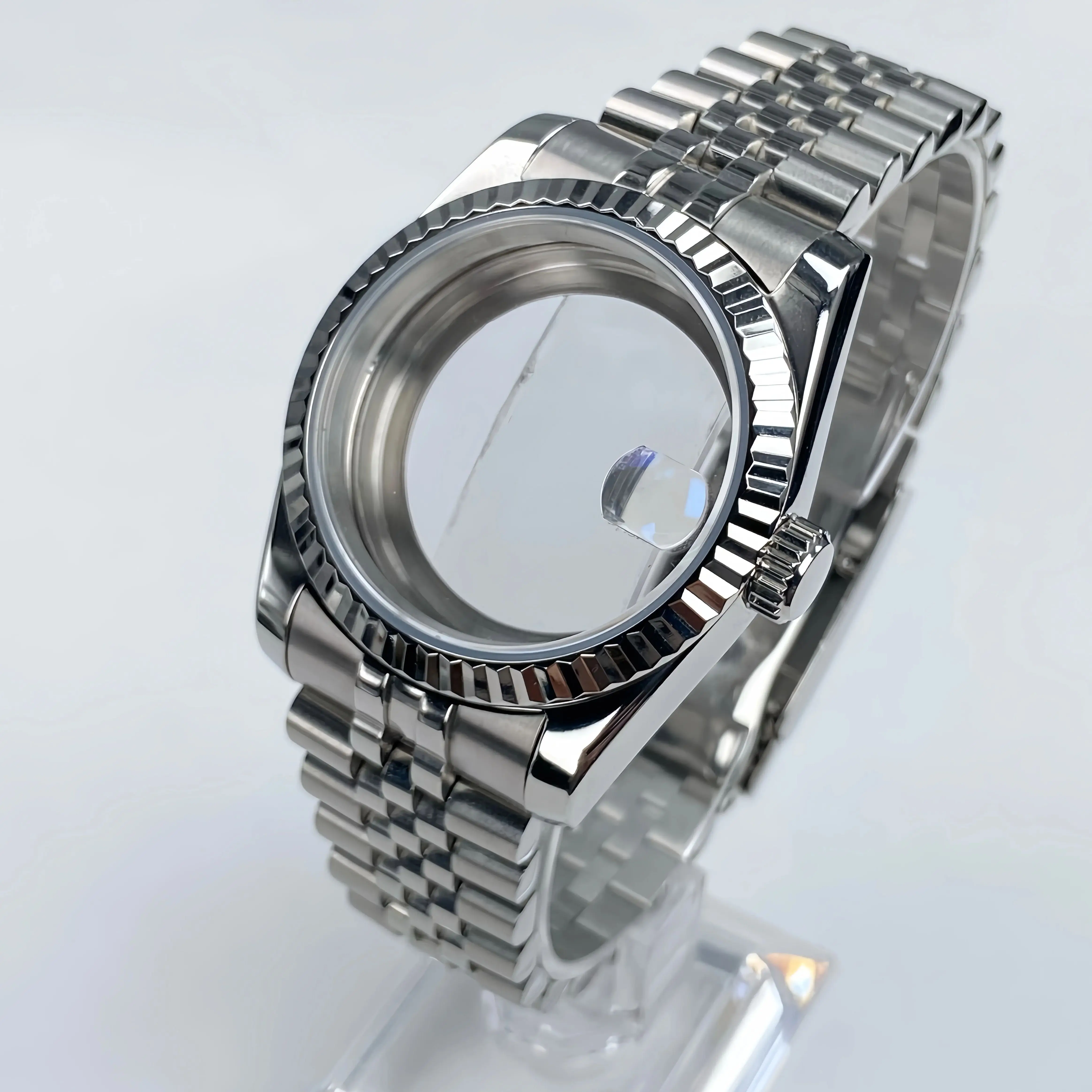 Fluted Bezel Sapphire Glass Stainless Steel Watch Case