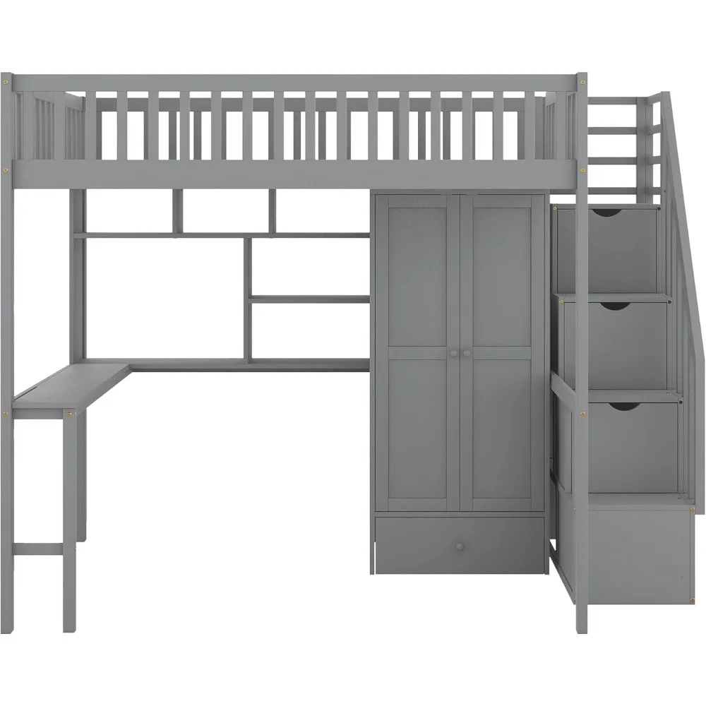 Bunk Bed,Full Loft Beds Stairway Loft Bed Frame with Wardrobe, Desk, Bookcase and Drawers, Solid Wood Bunk Beds 3