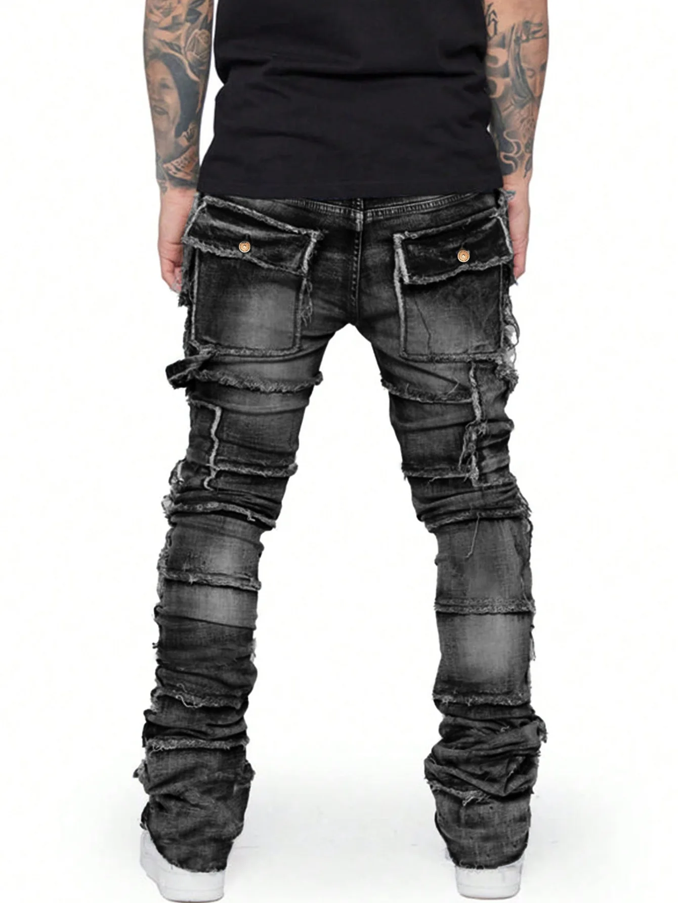 Retro Cargo Jeans Men Stretchy Ripped Washed Y2k Pants Straight Leg Male's Patched Denim Trousers men jeans,ripped jeans,ripped patchwork jeans