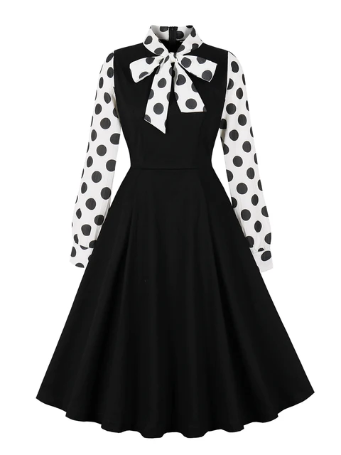 Tonval Polka Dot Long Sleeve Vintage Dresses for Women Spring Bow Tie Neck  50s Elegant A-Line Black Cotton Dress - AliExpress