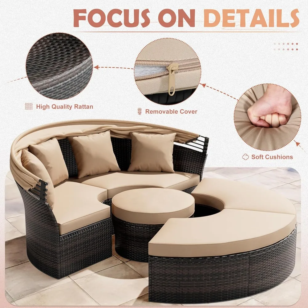 Round Outdoor Daybed with Cushions and Pillows, Wicker Rattan Patio Day Bed with Retractable Canopy, Sectional Sofa Furniture f 3