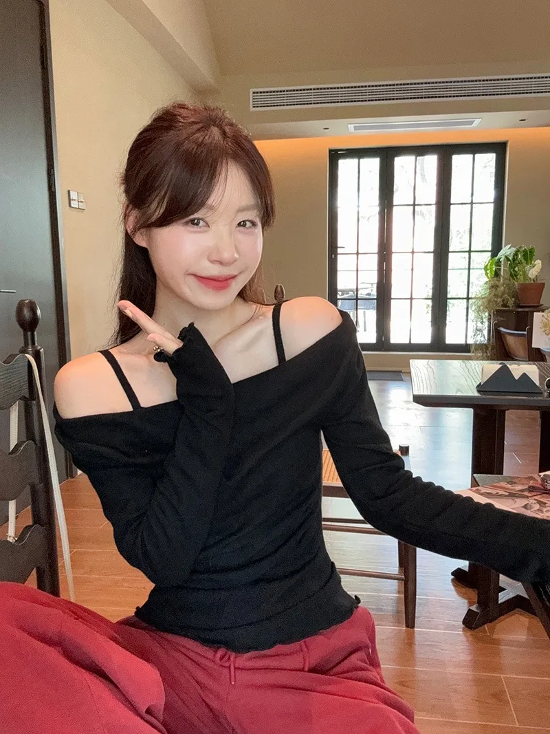 Fake Two-piece Off Shoulder Long Sleeve T-shirt Women's Sexy Slash Neck Flare Sleeve Base Shirt Top Autumn Casual Slim Fit Tops