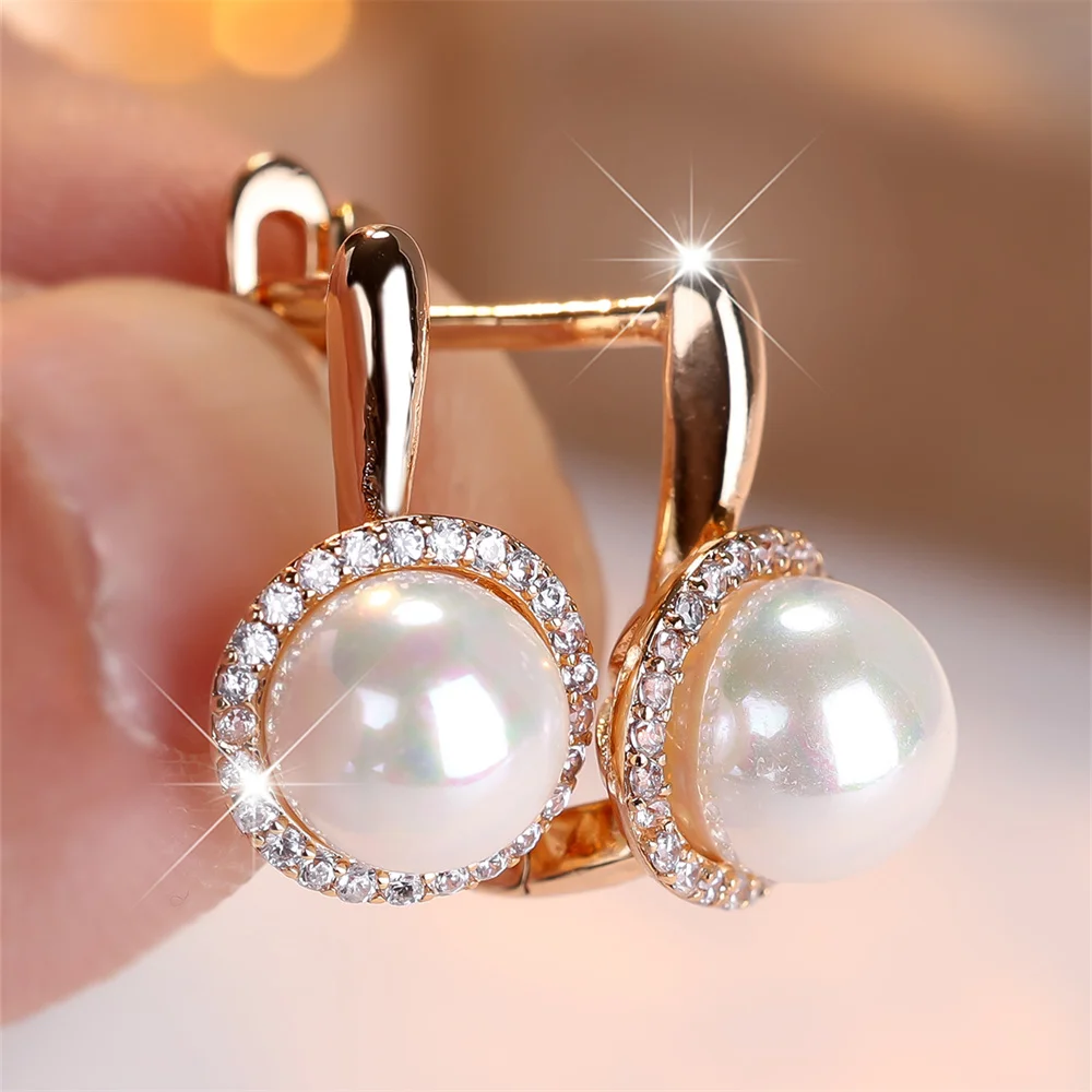 White Round Simulated Pearl Small Hoop Earrings For Women Vintage Gold Color Ear Buckle Wedding Jewelry Versatile Gifts