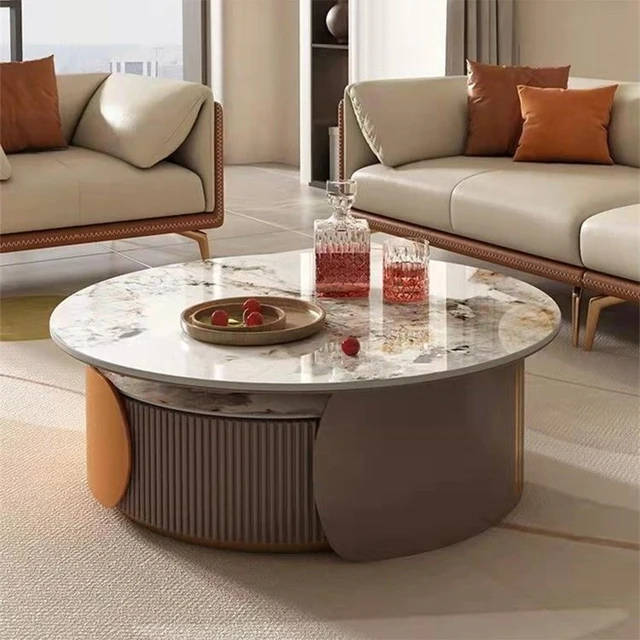 Round Nesting Coffee Table with Marble Pattern – Retractable End Table - Image 5