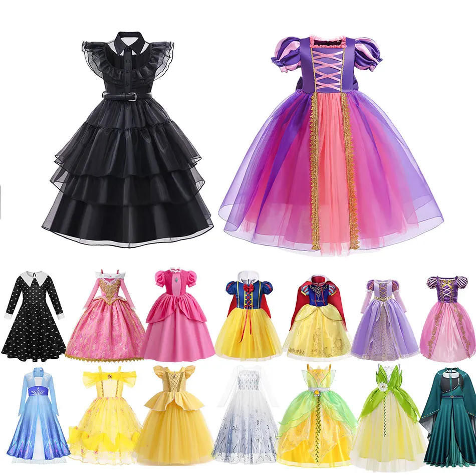 Disney Girls Dress Princess Peach Elsa Anna Rapunzel Tiana Costume Abbigliamento Per Bambini Summer Vestido Carnival Party Clothes