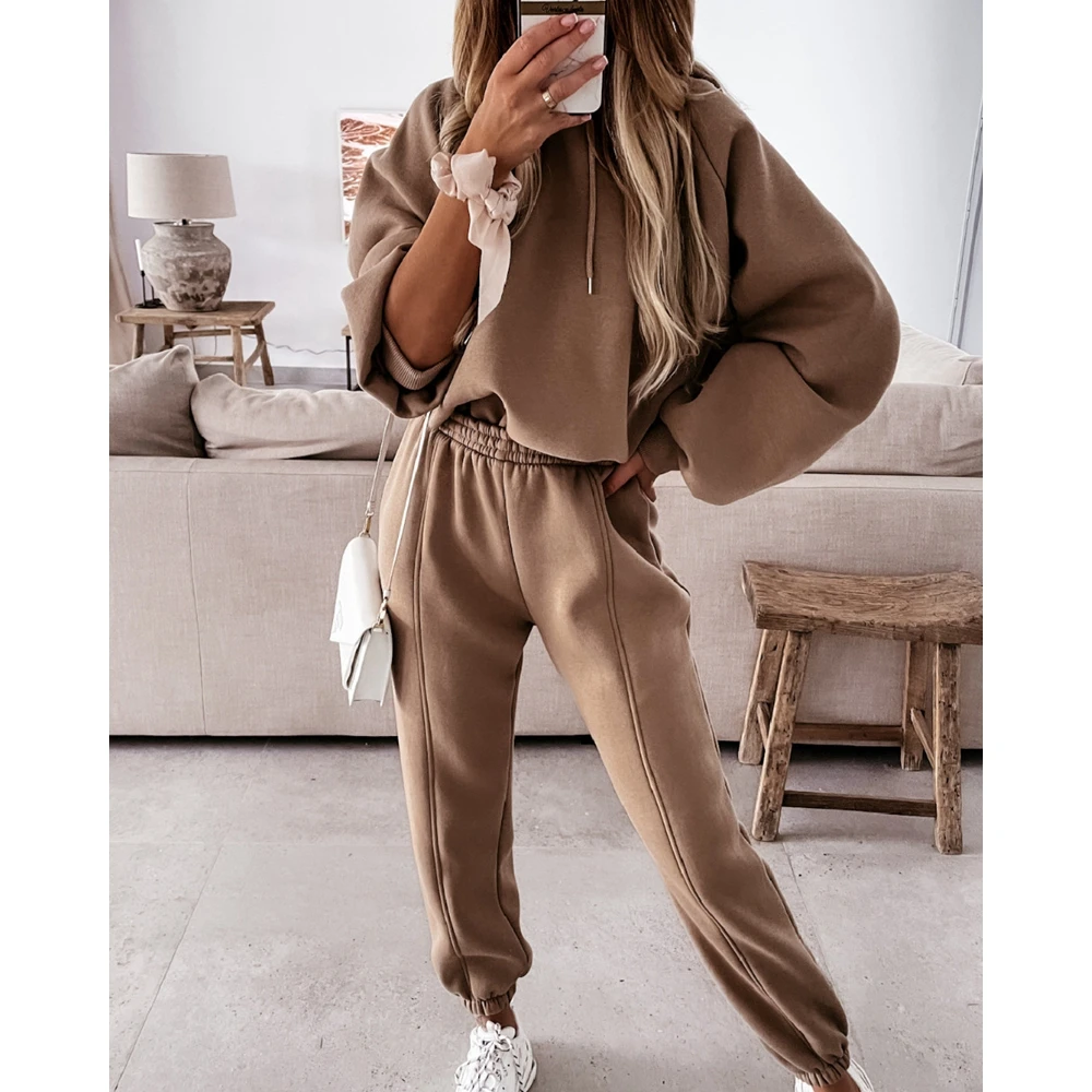 

Women Long Sleeve Hoodie Tops & High Waist Drawstring Cuffed Pants Set Spring Casual Solid Two Pieces Casual Suit Set Elegant