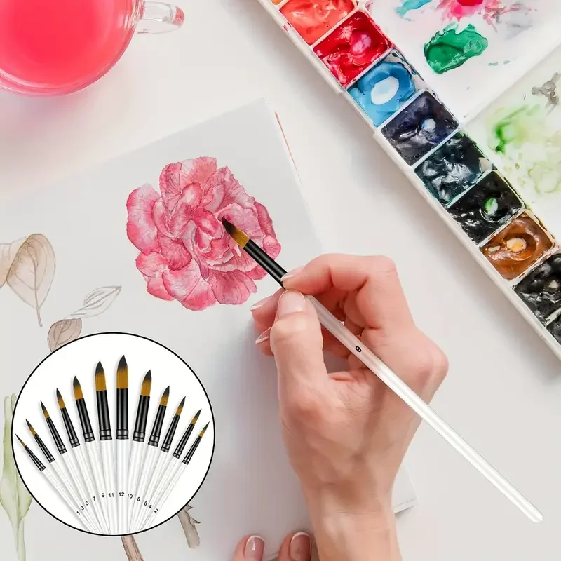 12pcs Round Paint Brush Set - Professional Nylon Bristles for Watercolor, Acrylic, Oil Painting, Face & Body Art, Nail Designs 5