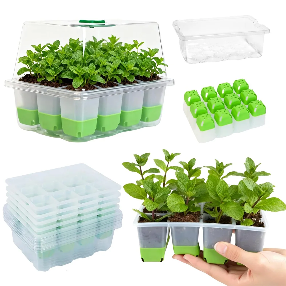 12-cell Seedling Starter Tray with Transparent Cover Adjustable Humidity Germination Box Indoor Garden Greenhouse Growth Potting