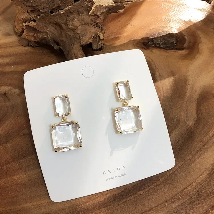 Korean New Design Fashion Jewelry Double Square Earrings Luxury Transparent Glass Crystal Party Earrings for women gift crystal earrings
