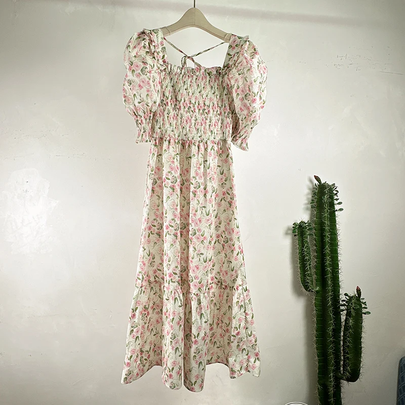

Fashion Bubble Sleeve Cotton Floral Dress Women Summer Korea Chic Short-sleeved Romantic Holiday Elastic A Line Sweet Dress