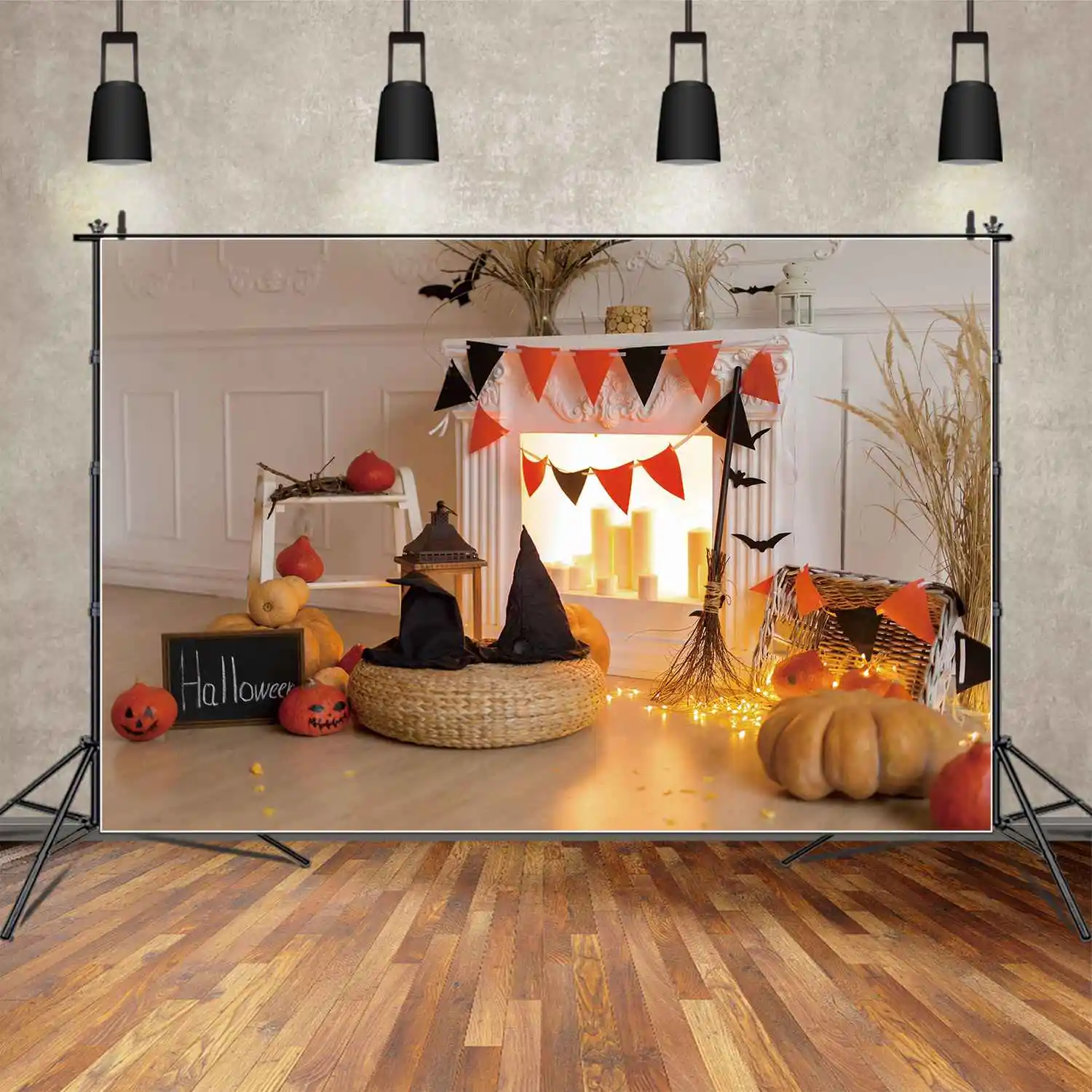 

Задний фон MOON.QG для Хэллоуина, детский Фотофон, тыква, шляпа, подушка, гостиная, подсвечники, флаг, реквизит