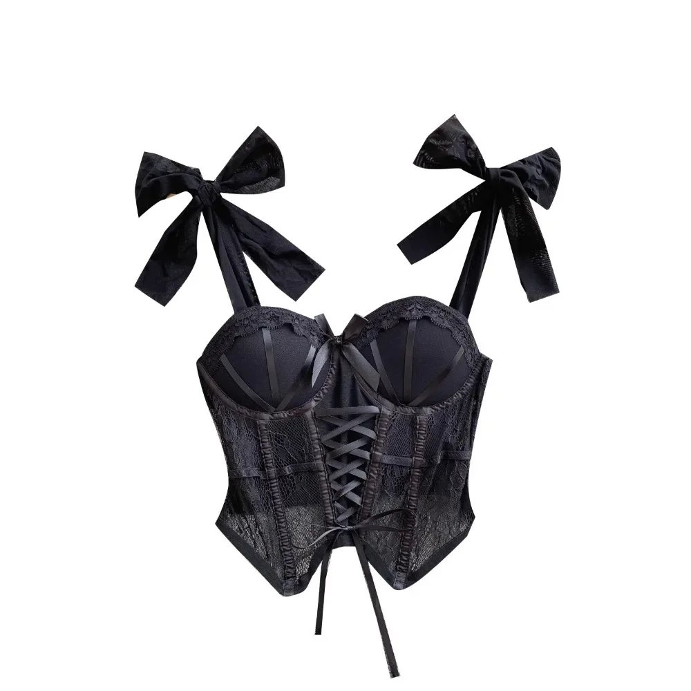 Spaghetti Strap Tank Top for Women Strapless Build in Bra Lace Patchwrok Tulle Bow Camis Summer Casual Female Camisoles women camisole tops