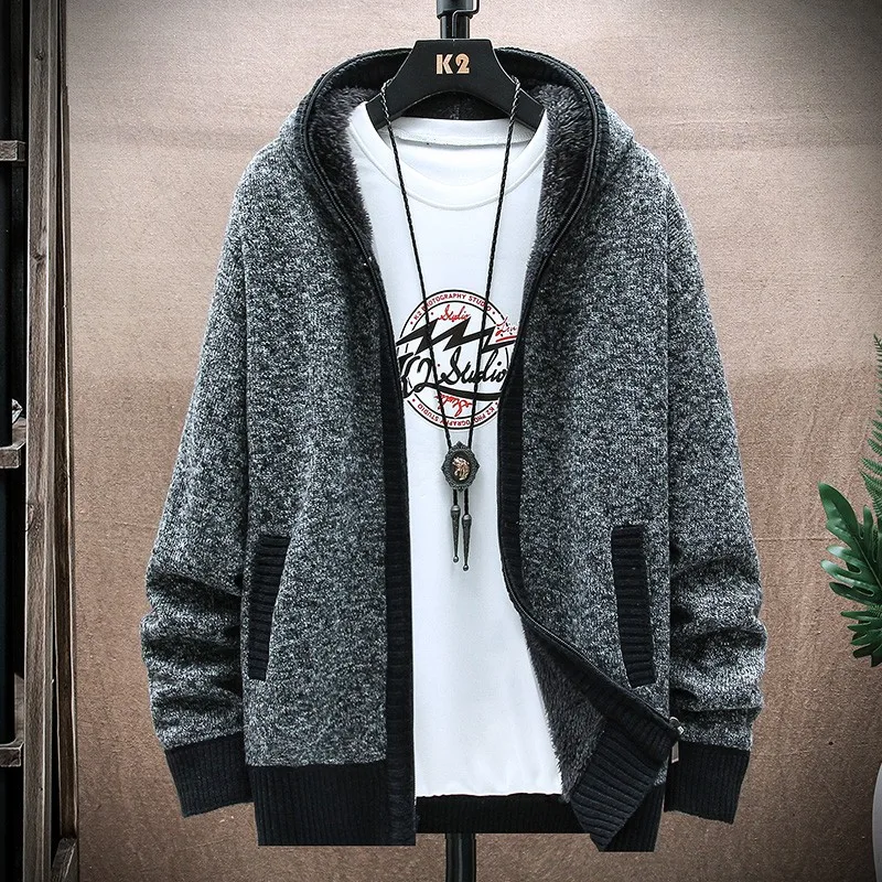 

Winter 2022 New Mens Fleece Thickened Cardigan Knit Sweater / Male Warm Hooded Add Wool Jacket Coat