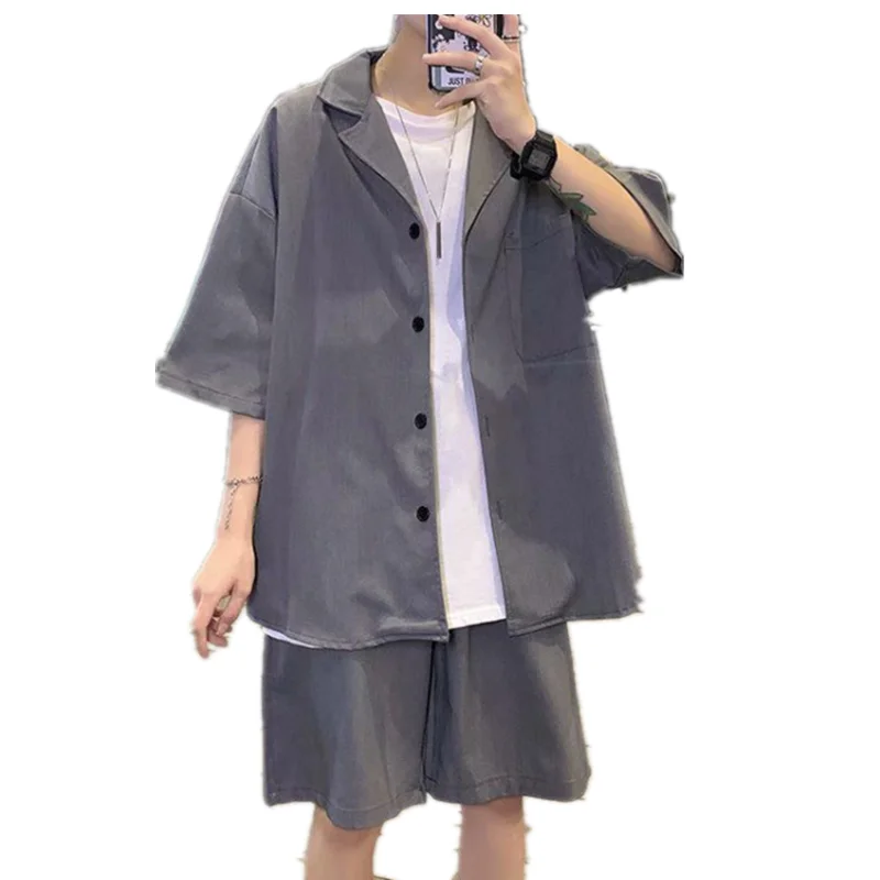 Men's Summer Short Sleeve Set Street Trend Simple Casual Loose Top Fashion Capris H0005