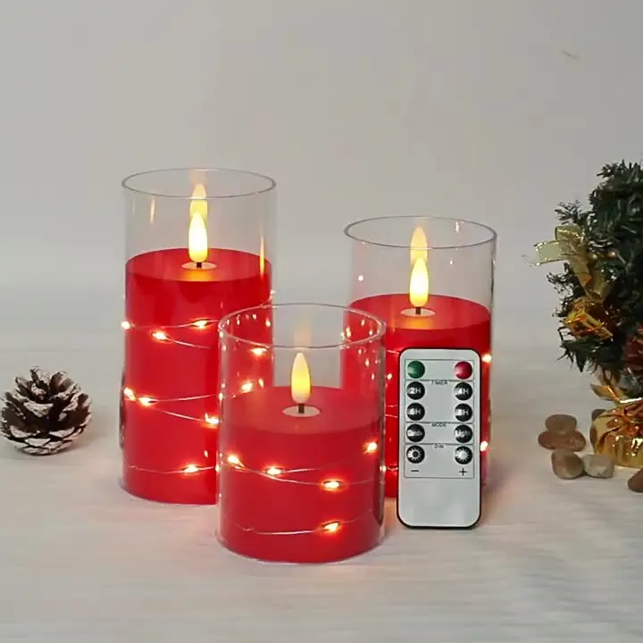 Set Of 3 Flameless LED Candles With Built-in Star Lights & Remote - Battery Powered, Unbreakable Acrylic, Timer Function (Orange)
