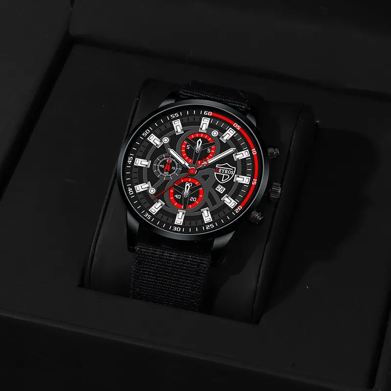 3PCS Set Mens Watches Necklace Bracelet Nylon Quartz Watch Male Business Casual Wrist Watch Fashion Simple