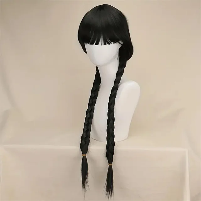 Pigtail Braid Wig Black Braided Wig With Bangs, Wednesday Wig Wig