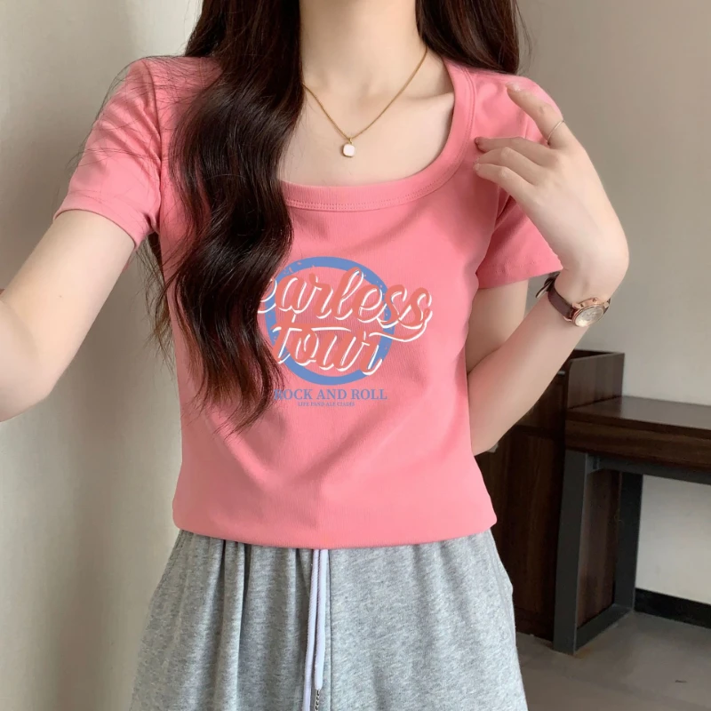 

Short-Sleeved T-shirt Women's Square Collar Cotton Letter Pattern Printing Basic Color Summer New Slim Fit Fashion Trendy Style