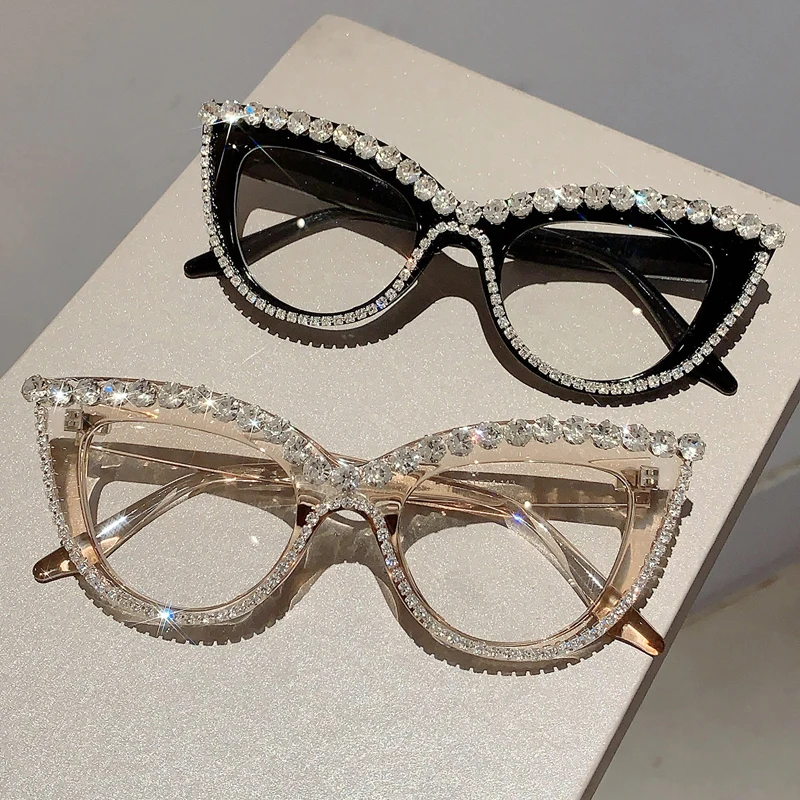 Women Glasses fashion eyeglasses Retro Cat Eye Glasses With Rhinestones for Women KAMMPT Oversized Spectacles