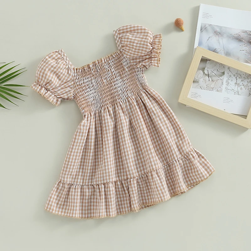 Toddler Kids Neonate Summer Casual Dress Manica Corta A Sbuffo A-Line Plaid Ruffles Dress For Party Children Holiday Clothes