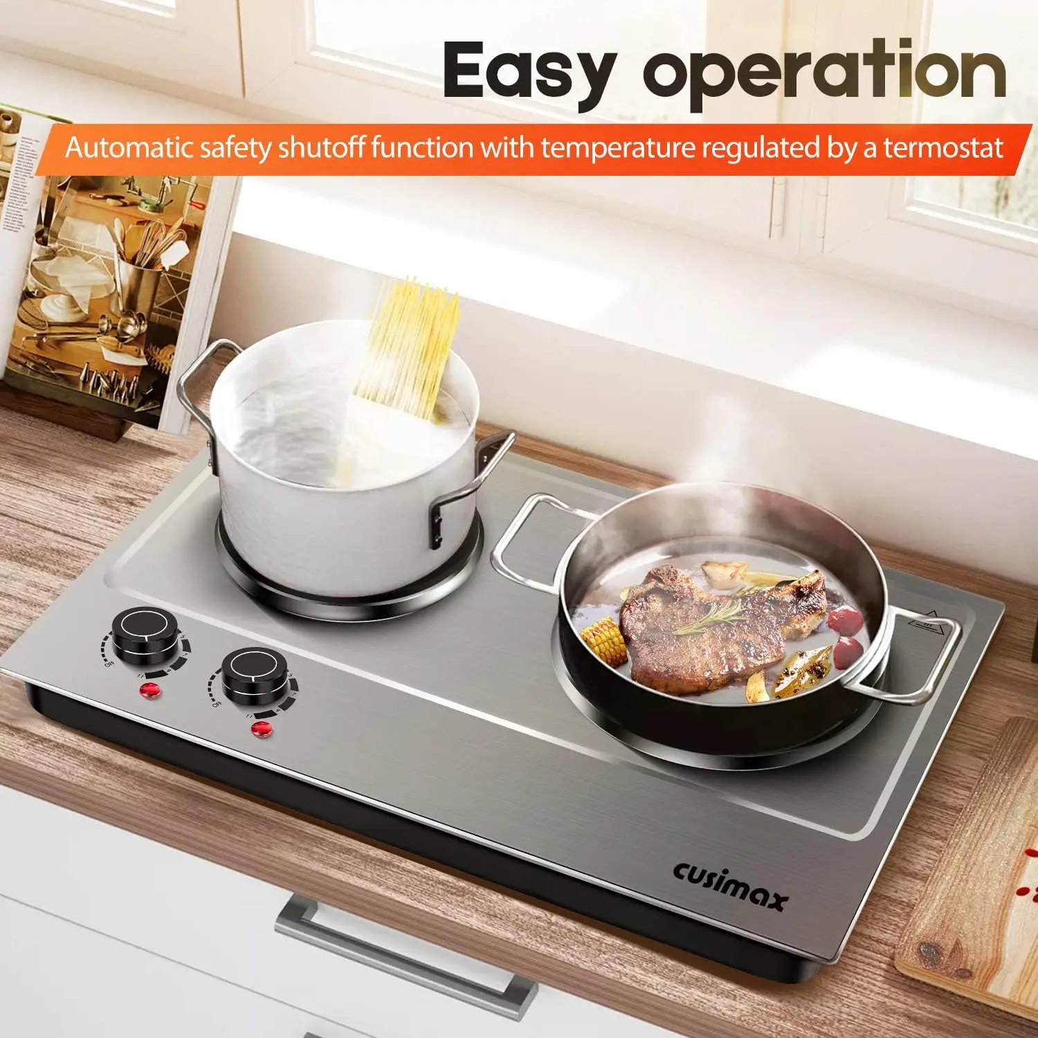 1800W Double Hot Plate, Stainless Steel Silver Countertop Burner Portable Electric Double Burners Electric Cast Iron Hot 5
