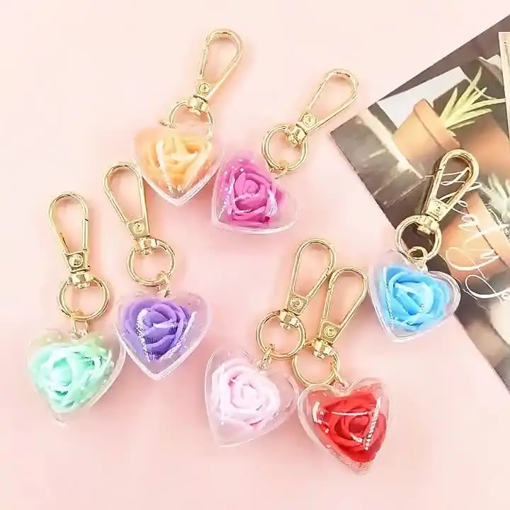 Handmade Rose Bud Keyring Made With Real Handpressed Rose Flowers. Unique Romantic Gift (Heart Shape With Queen Annes Lace
