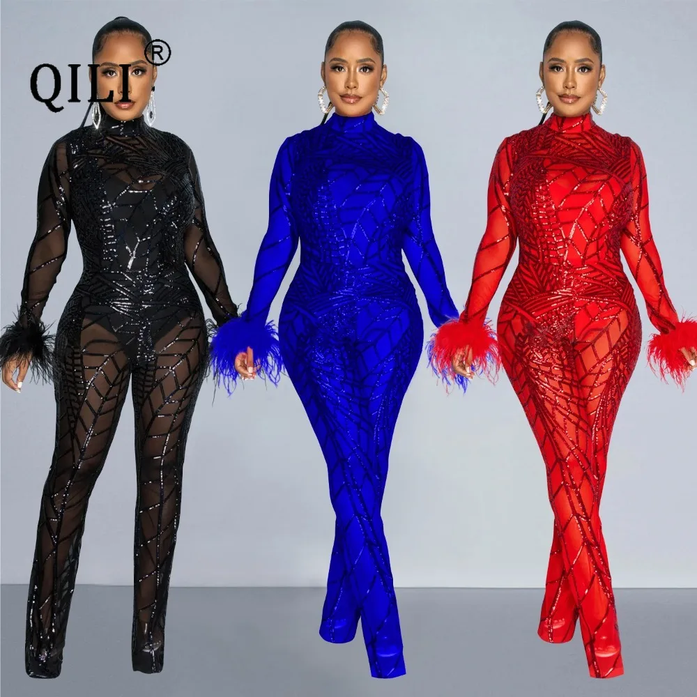 QILI-Women's Sexy See Through Mesh Sequined Full Sleeve Jumpsuits, Nightclub Party, Skinny, 2 Piece Sets summer two pieces short set for women tracksuit suits sheer mesh top and sorts sets fitness sport suit party sexy club outfits