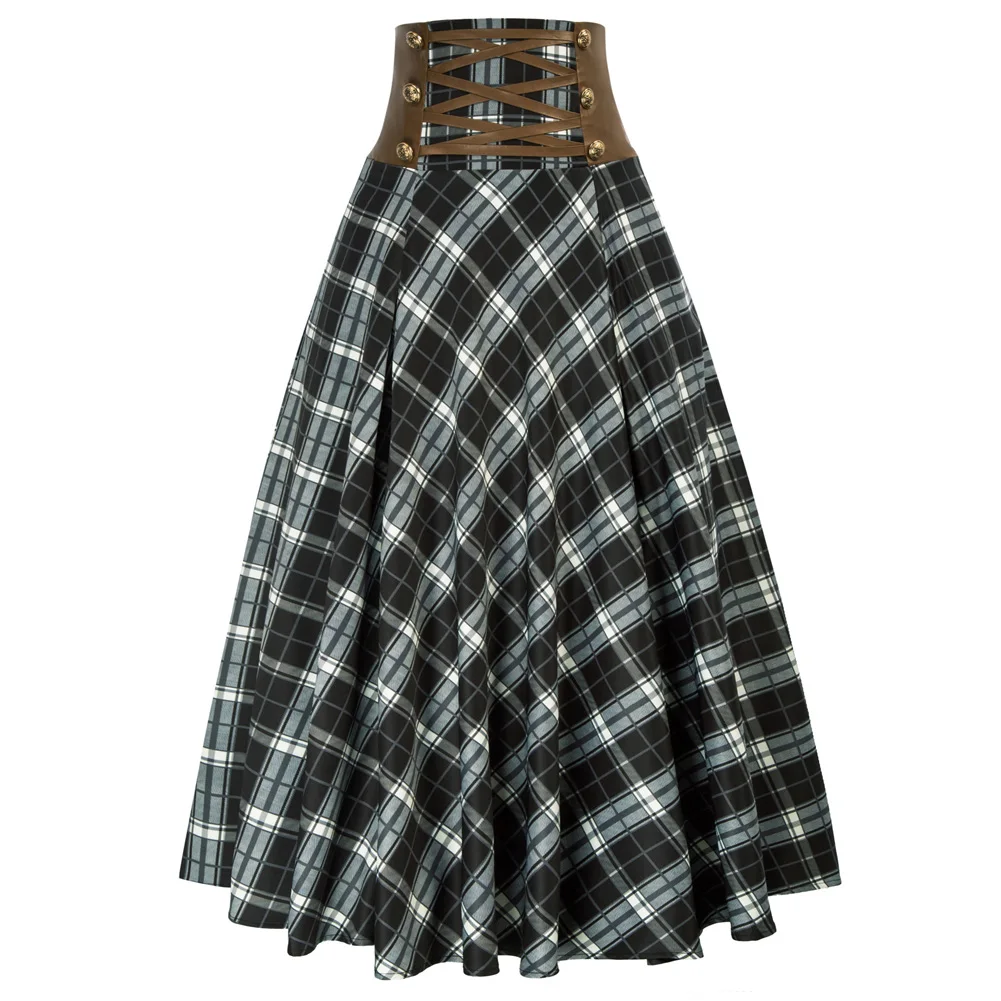 SD Women Skirts Leather High Waist Vintage Renaissance Swing Skirt Elastic Ankle Length Maxi Skirt Smocked Back Waistline Skirts