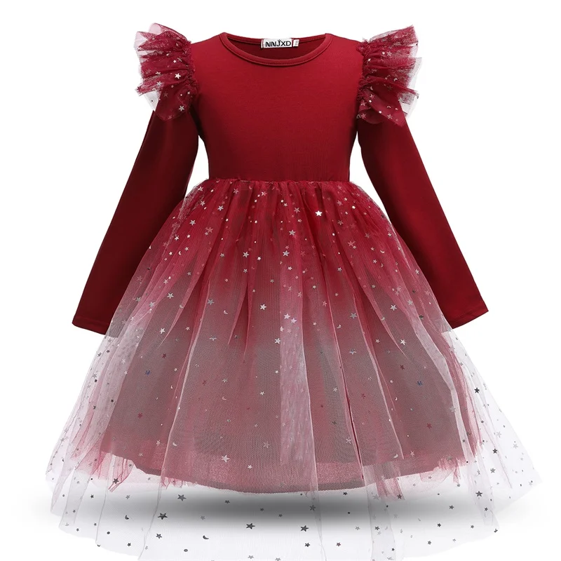 Red Girls Christmas Dress Autumn Full Sleeve Tulle Mesh Tutu Kids Princess Birthday Party Clothes Children New Years Costumes girls dress princess costume kids clothes