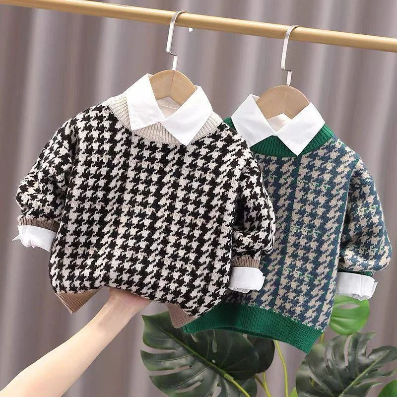 

Boys Woolen Sweater Cotton Knitting 2022 Houndstooth Warm Thicken Velvet Winter Autumn Gift Children's Clothing