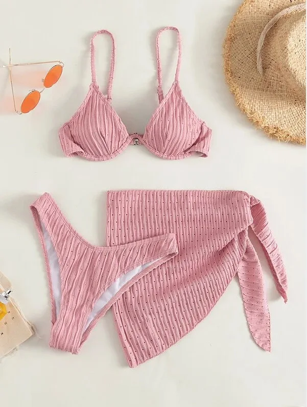 High Elastic Bikini Set for 2023 Jacquard with Steel Ring Beach Three Piece Swimsuit Female Swimwear Women Bather Bathing Suit