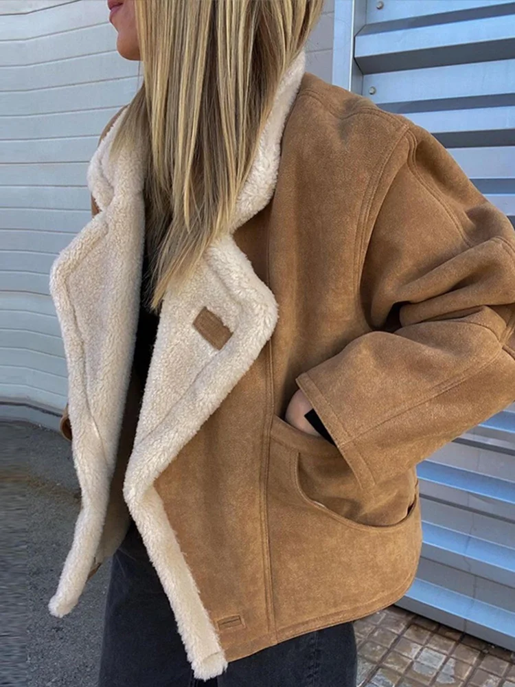 Vintage Faux Leather Warm Coat Thick Fluffy Splicing Big Lapel Coats Female Long Sleeve Outerwear Winter Lady Street Jackets 2