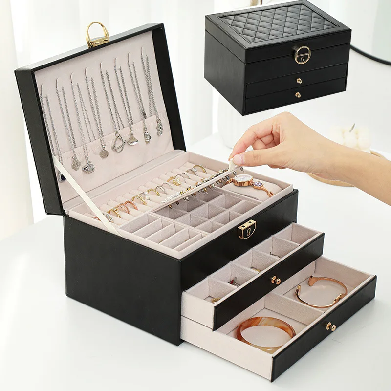 

Многофункциональная коробка для хранения, трехуровневый кожаный ящик, стильная шкатулка для ювелирных изделий, серег, замков, органайзер, шкатулка для ювелирных изделий